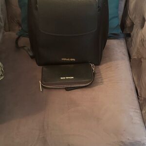 Michael Kors Emilia Belted Backpack Black Leather Medium with matching wallet